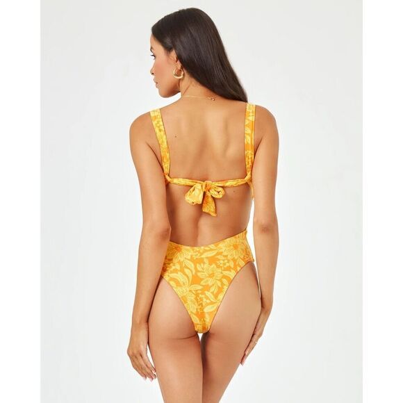 L*Space size S Printed Kendal One Piece Swimsuit Bow Back Orange Yellow Floral - Picture 2 of 10